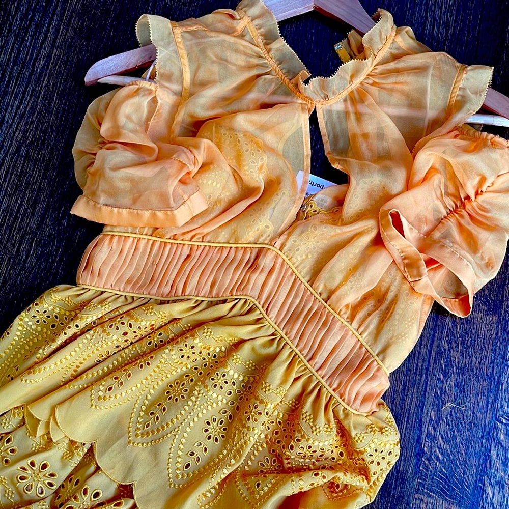 Self-Portrait NWT Tiered Chiffon Mini Cocktail Yellow Mustard Marigold US 2 UK 6